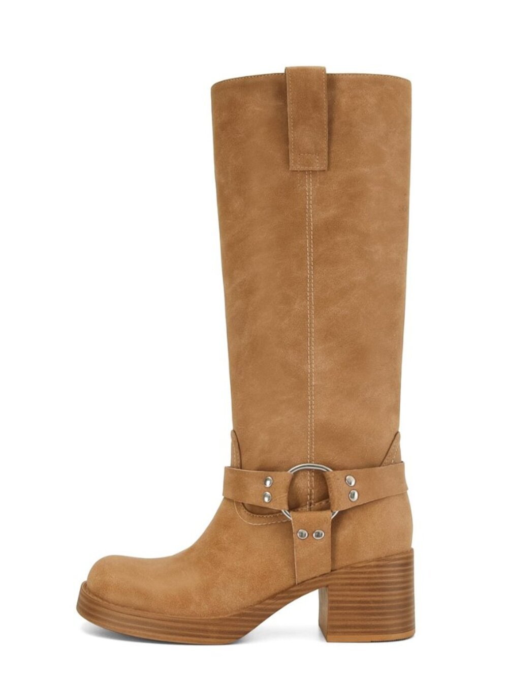 Women's Knee High Riding Boots Chunky Heel Wide Calf Motorcycle Boots with Side